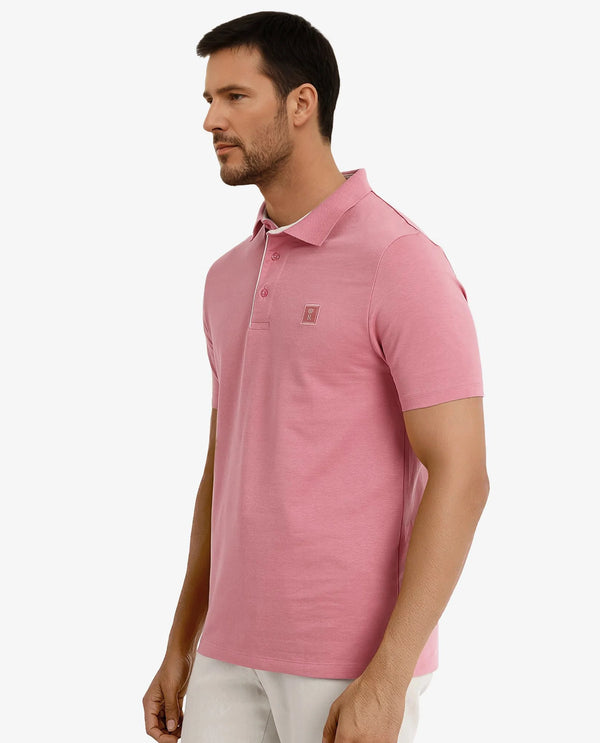 Rare Rabbit Men's Maq Pink Cotton Polyester Lycra Fabric Short Sleeve Contrasting Placket Piping Regular Fit Plain Polo T-Shirt