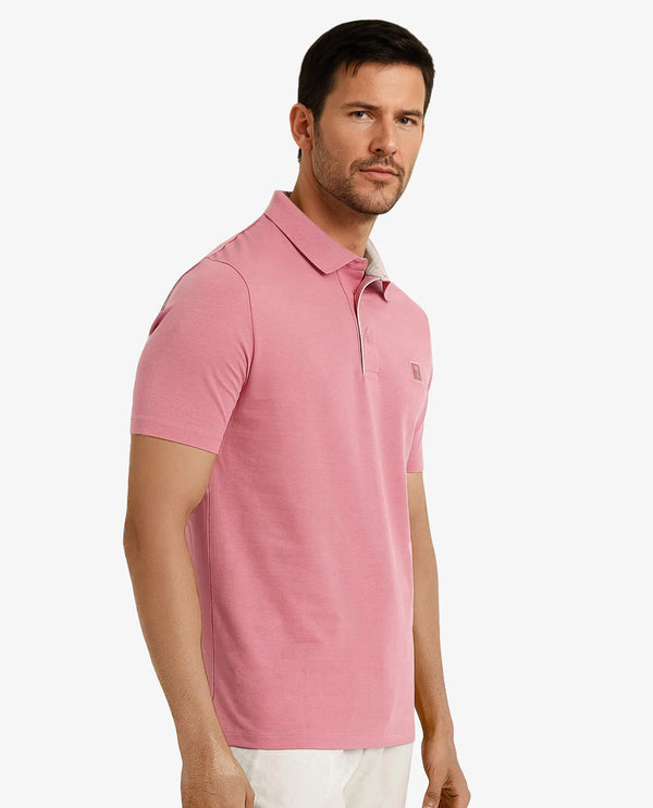 Rare Rabbit Men's Maq Pink Cotton Polyester Lycra Fabric Short Sleeve Contrasting Placket Piping Regular Fit Plain Polo T-Shirt