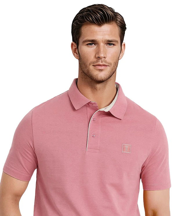 Rare Rabbit Men's Maq Pink Cotton Polyester Lycra Fabric Short Sleeve Contrasting Placket Piping Regular Fit Plain Polo T-Shirt