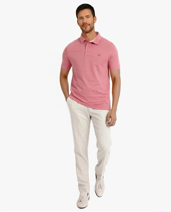 Rare Rabbit Men's Maq Pink Cotton Polyester Lycra Fabric Short Sleeve Contrasting Placket Piping Regular Fit Plain Polo T-Shirt