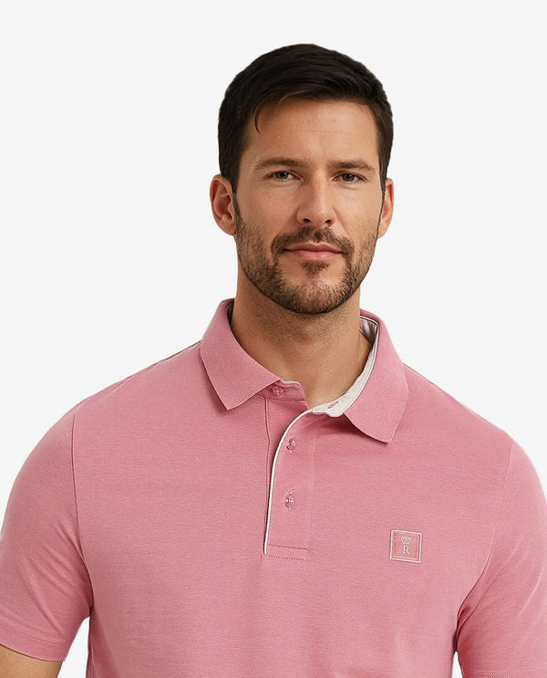 Rare Rabbit Men's Maq Pink Cotton Polyester Lycra Fabric Short Sleeve Contrasting Placket Piping Regular Fit Plain Polo T-Shirt