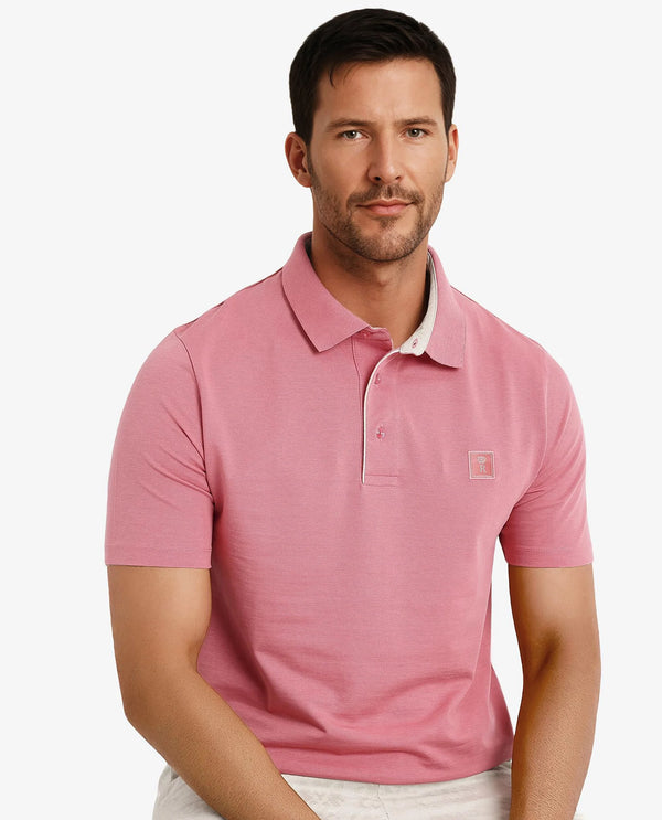 Rare Rabbit Men's Maq Pink Cotton Polyester Lycra Fabric Short Sleeve Contrasting Placket Piping Regular Fit Plain Polo T-Shirt