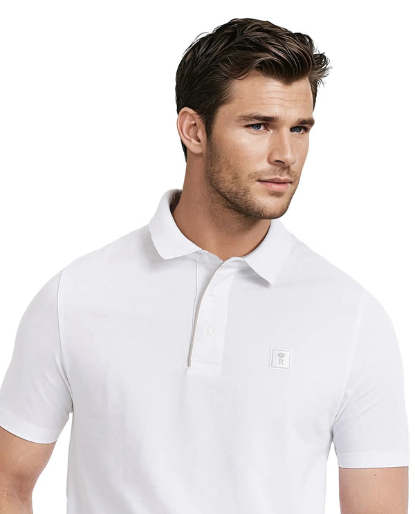 Rare Rabbit Men's Maq White Cotton Polyester Lycra Fabric Short Sleeve Contrasting Placket Piping Regular Fit Plain Polo T-Shirt