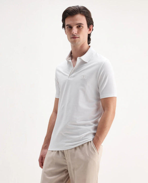 Rare Rabbit Men's Maq White Cotton Polyester Lycra Fabric Short Sleeve Contrasting Placket Piping Regular Fit Plain Polo T-Shirt