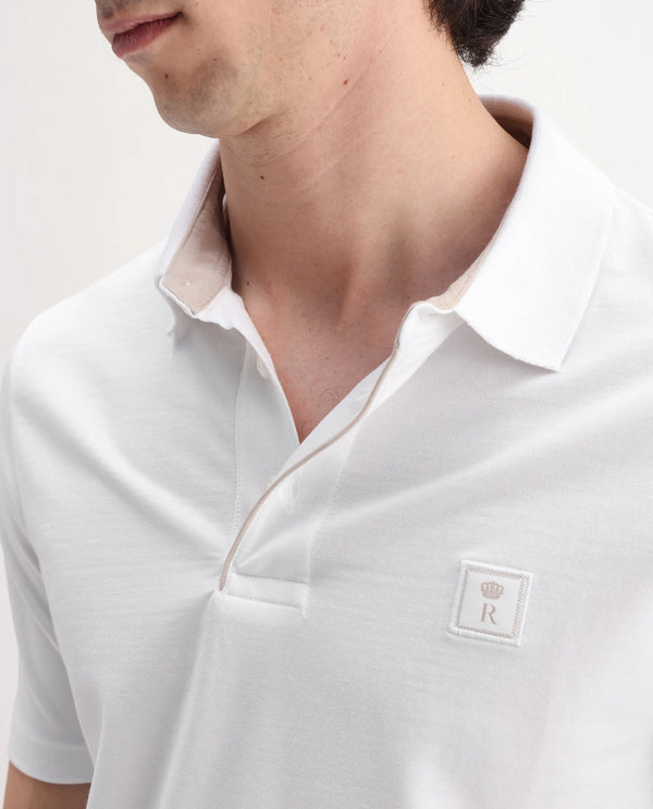 Rare Rabbit Men's Maq White Cotton Polyester Lycra Fabric Short Sleeve Contrasting Placket Piping Regular Fit Plain Polo T-Shirt