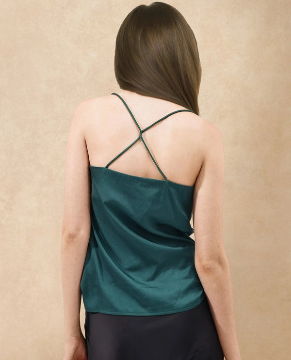 Rareism Women Marano Olive Polyester Fabric Sleeveless Tie Up Neck Solid Short Top