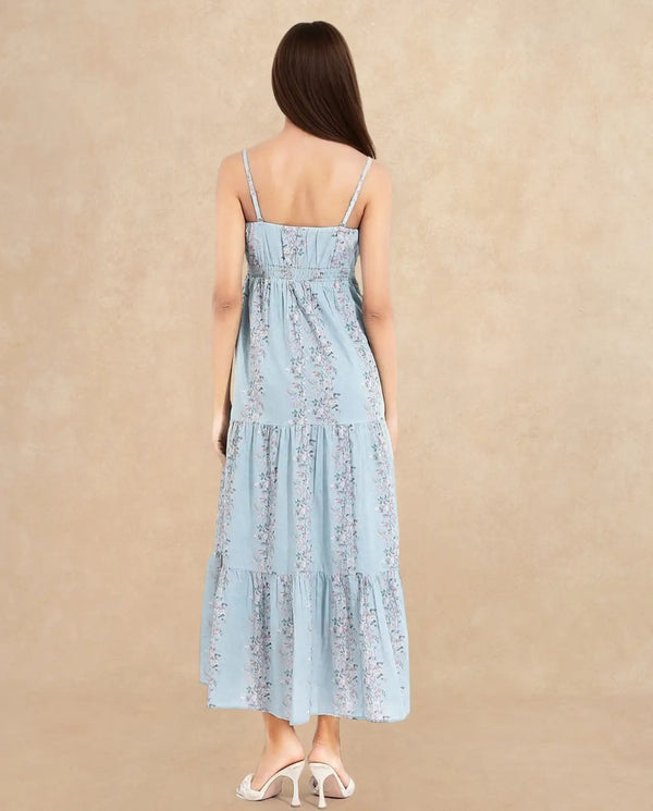 Rareism Women Marantt Dusky Blue Shoulder Straps Tube Neck Fit And Flare Floral Print Maxi Dress