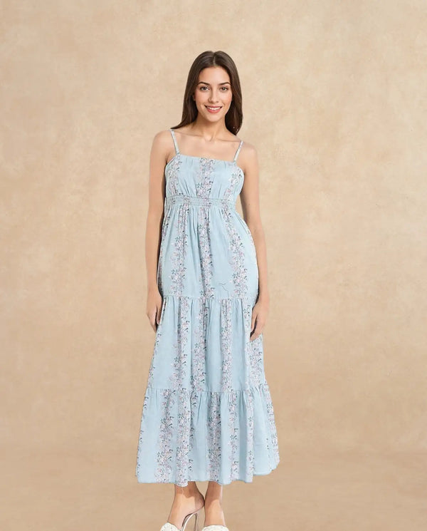 Rareism Women Marantt Dusky Blue Shoulder Straps Tube Neck Fit And Flare Floral Print Maxi Dress