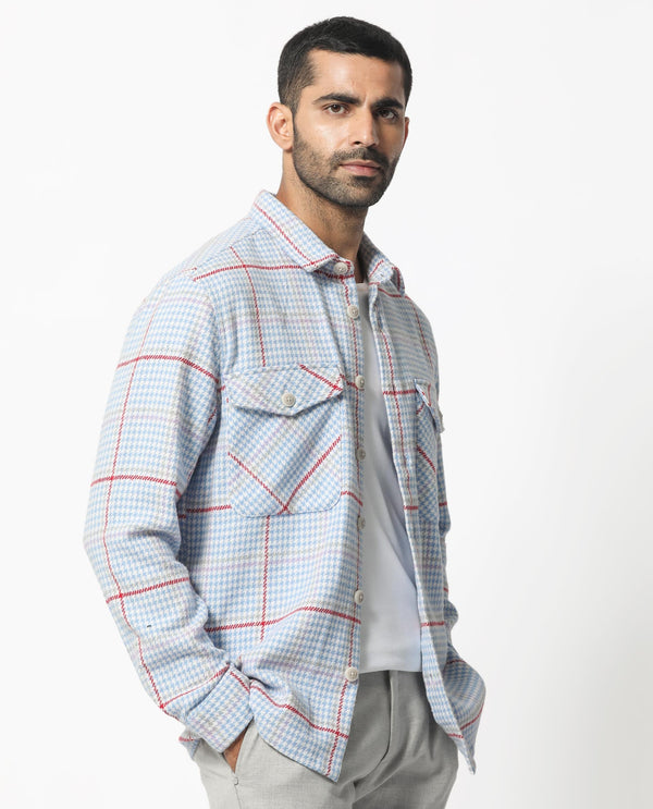 Rare Rabbit Men's Marcella Light Blue Full Sleeves Button Closure Houndstooth Checks Shacket