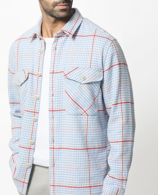 Rare Rabbit Men's Marcella Light Blue Full Sleeves Button Closure Houndstooth Checks Shacket