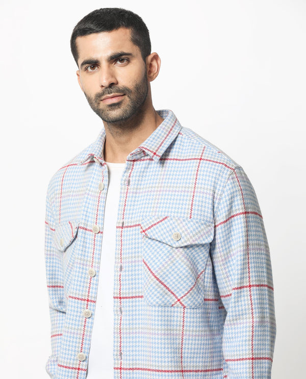 Rare Rabbit Men's Marcella Light Blue Full Sleeves Button Closure Houndstooth Checks Shacket
