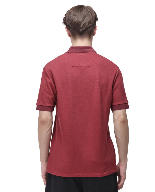 Rare Rabbit Men Marcelon Red Cotton Poly Fabric Short Sleeve Johnny Collared Jacquard Polo