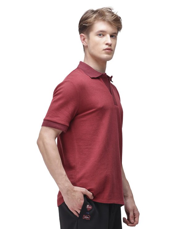 Rare Rabbit Men Marcelon Red Cotton Poly Fabric Short Sleeve Johnny Collared Jacquard Polo