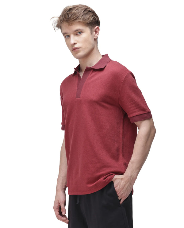 Rare Rabbit Men Marcelon Red Cotton Poly Fabric Short Sleeve Johnny Collared Jacquard Polo
