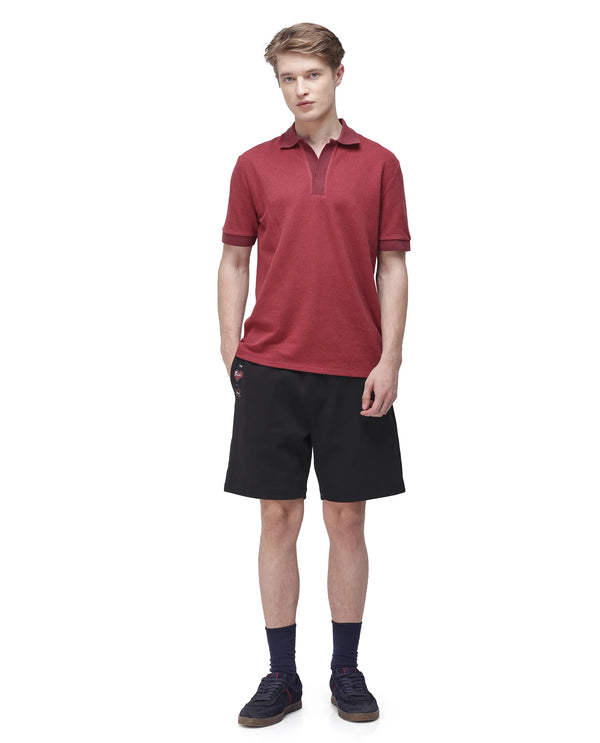 Rare Rabbit Men Marcelon Red Cotton Poly Fabric Short Sleeve Johnny Collared Jacquard Polo