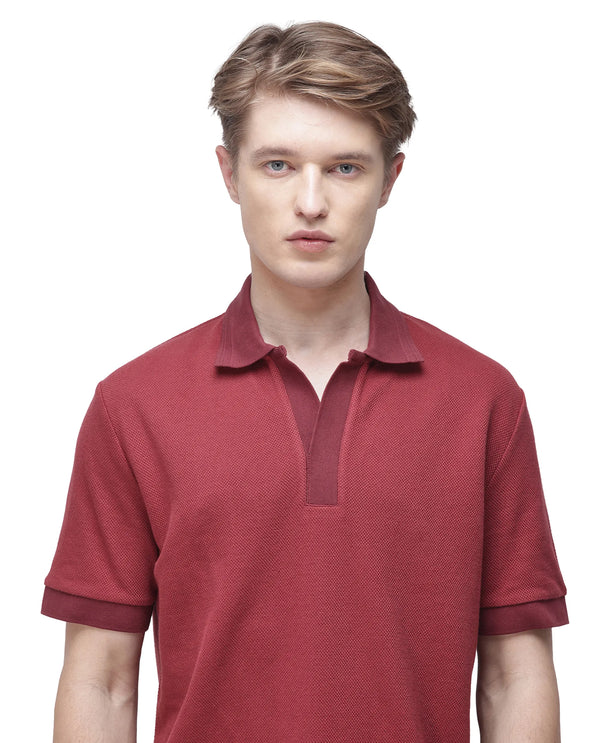 Rare Rabbit Men Marcelon Red Cotton Poly Fabric Short Sleeve Johnny Collared Jacquard Polo