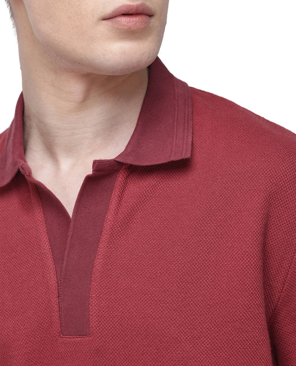 Rare Rabbit Men Marcelon Red Cotton Poly Fabric Short Sleeve Johnny Collared Jacquard Polo