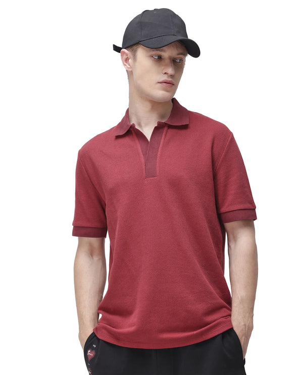 Rare Rabbit Men Marcelon Red Cotton Poly Fabric Short Sleeve Johnny Collared Jacquard Polo
