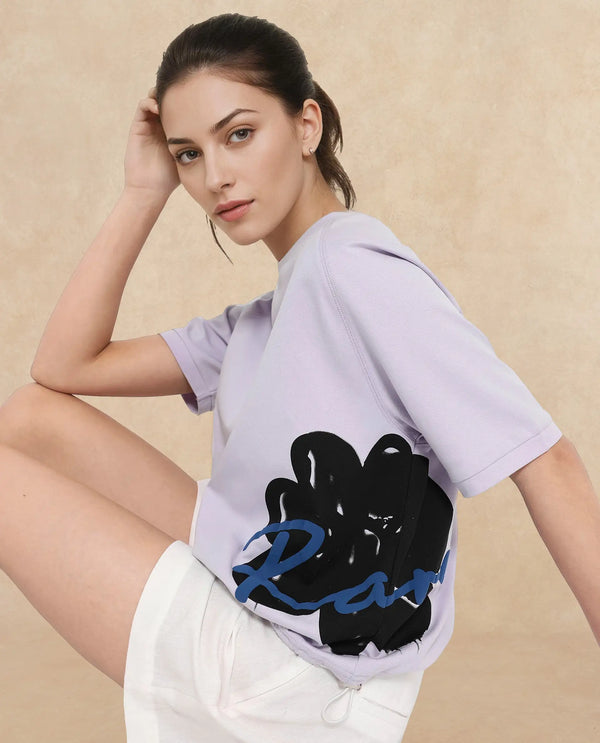 Rareism Women Marco Pastel Purple Cotton Lycra Fabric Short Sleeve Crew Neck Graphic Print T-Shirt