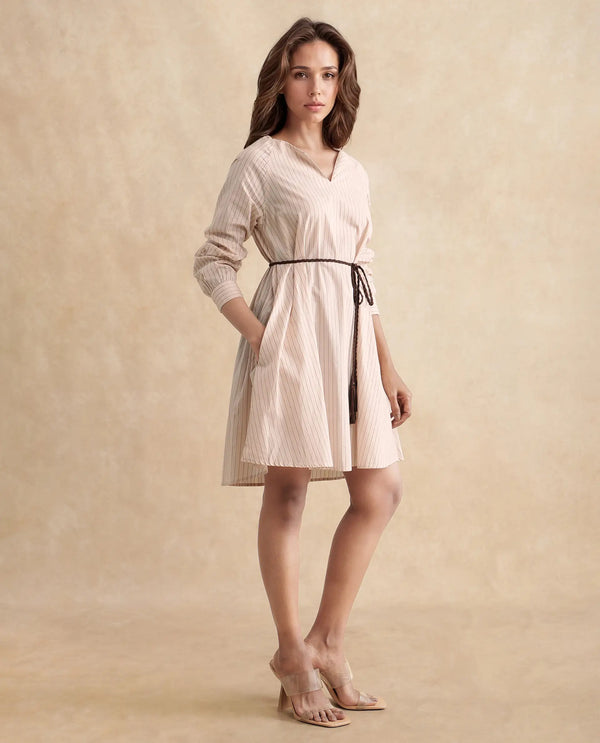 Rareism Women's Margaret Beige  V-Neck Slip-On Closure Full Sleeve Striped A-Line Mini Dress
