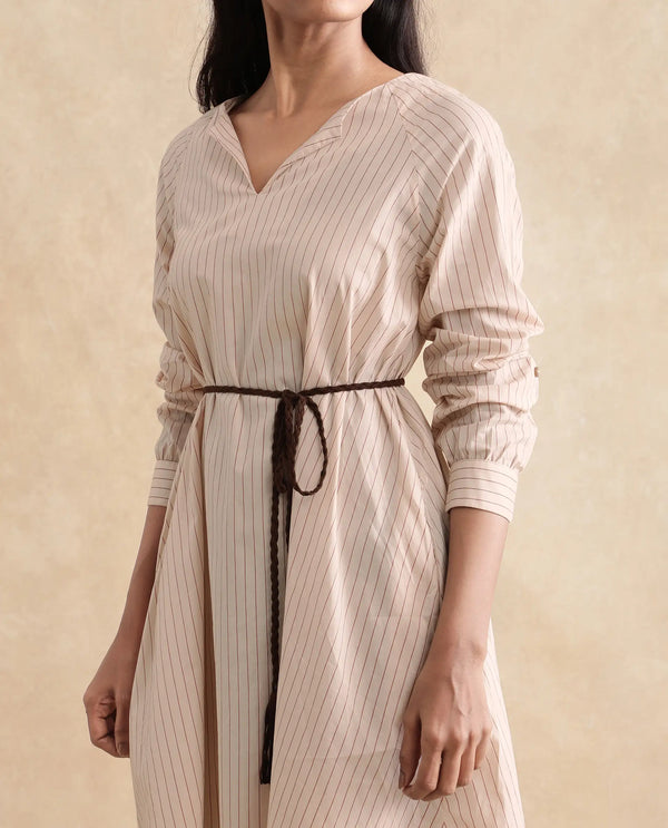 Rareism Women's Margaret Beige  V-Neck Slip-On Closure Full Sleeve Striped A-Line Mini Dress