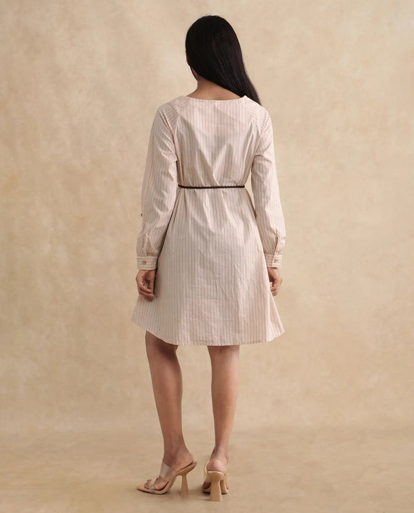 Rareism Women's Margaret Beige  V-Neck Slip-On Closure Full Sleeve Striped A-Line Mini Dress