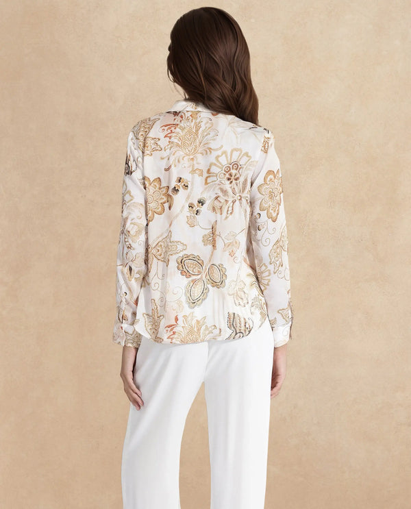 Rareism Women Marl Multi Cuffed Sleeve Collared Neck Button Closure Paisley Print Shirt