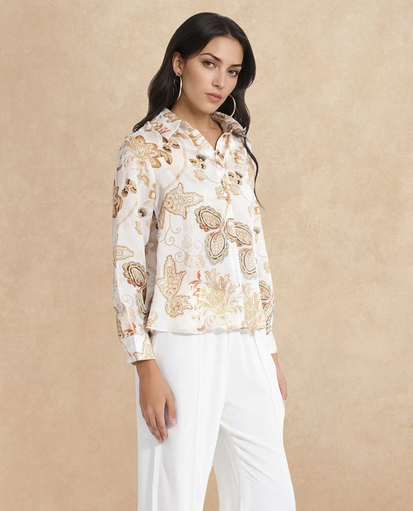 Rareism Women Marl Multi Cuffed Sleeve Collared Neck Button Closure Paisley Print Shirt