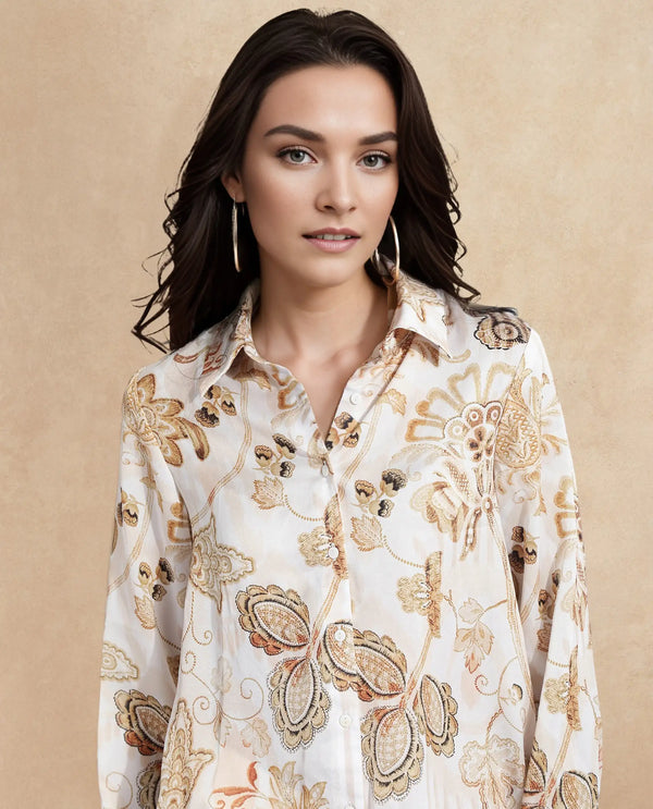 Rareism Women Marl Multi Cuffed Sleeve Collared Neck Button Closure Paisley Print Shirt