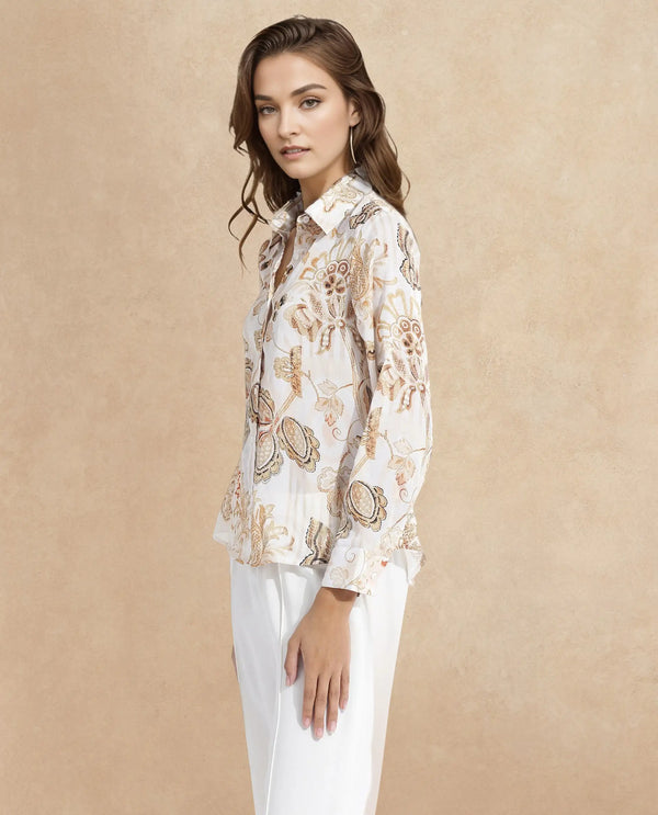 Rareism Women Marl Multi Cuffed Sleeve Collared Neck Button Closure Paisley Print Shirt
