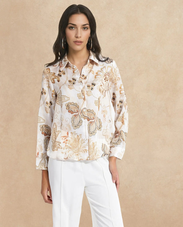 Rareism Women Marl Multi Cuffed Sleeve Collared Neck Button Closure Paisley Print Shirt