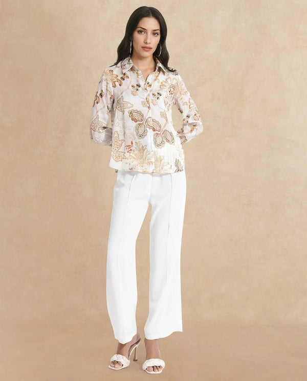 Rareism Women Marl Multi Cuffed Sleeve Collared Neck Button Closure Paisley Print Shirt