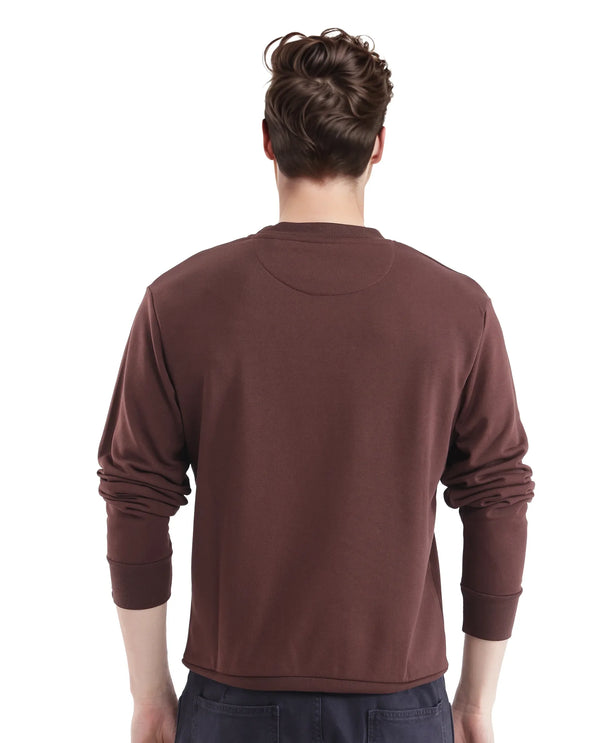 Rare Rabbit Men Marq Dark Brown Cotton Polyester Fabric Full Sleeve Crew Neck Regular Fit Printed Sweatshirt