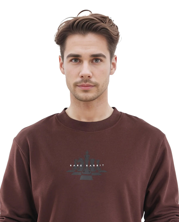Rare Rabbit Men Marq Dark Brown Cotton Polyester Fabric Full Sleeve Crew Neck Regular Fit Printed Sweatshirt