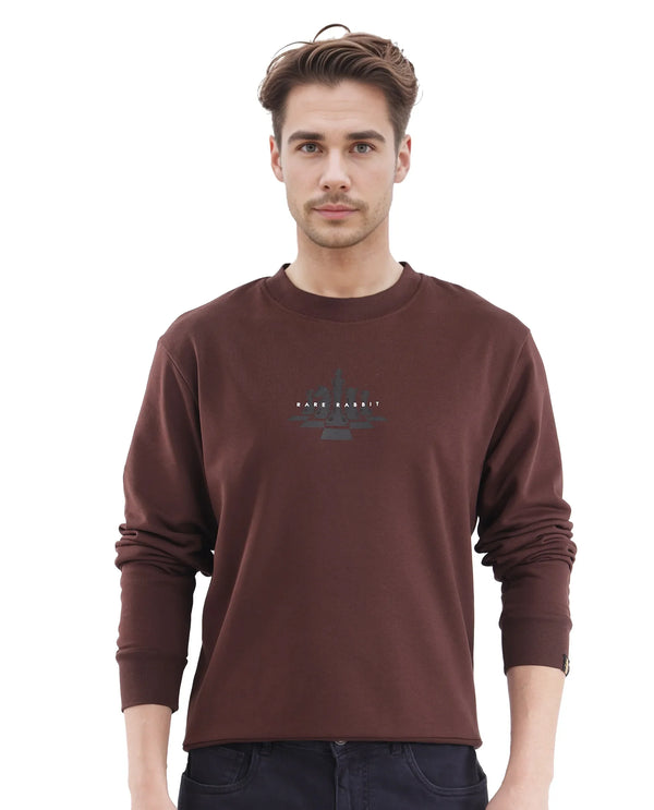 Rare Rabbit Men Marq Dark Brown Cotton Polyester Fabric Full Sleeve Crew Neck Regular Fit Printed Sweatshirt