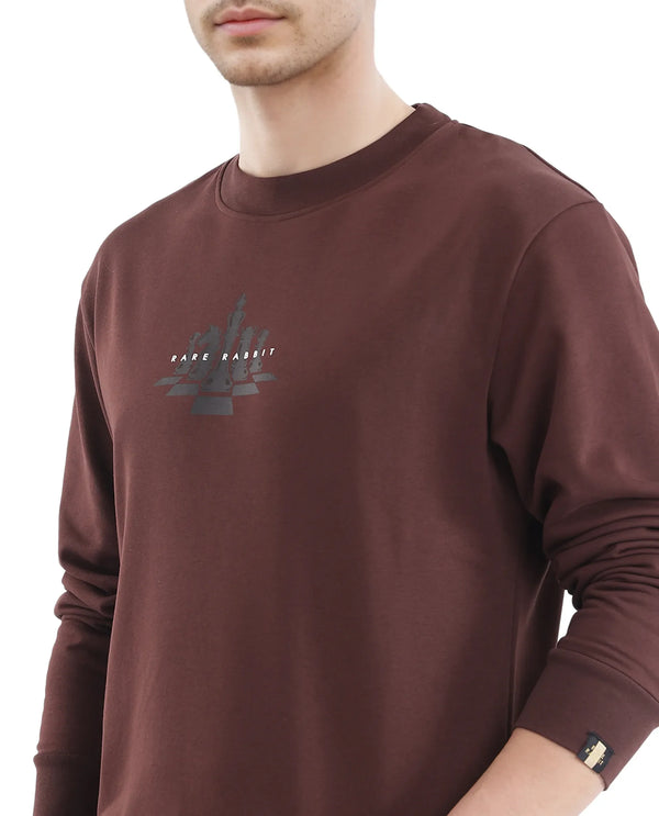 Rare Rabbit Men Marq Dark Brown Cotton Polyester Fabric Full Sleeve Crew Neck Regular Fit Printed Sweatshirt