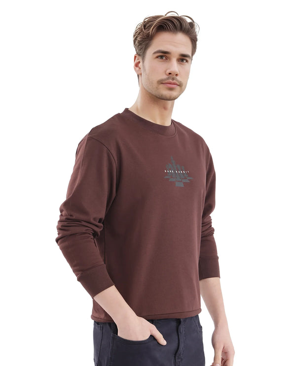 Rare Rabbit Men Marq Dark Brown Cotton Polyester Fabric Full Sleeve Crew Neck Regular Fit Printed Sweatshirt