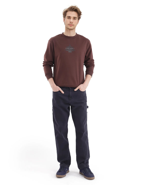 Rare Rabbit Men Marq Dark Brown Cotton Polyester Fabric Full Sleeve Crew Neck Regular Fit Printed Sweatshirt