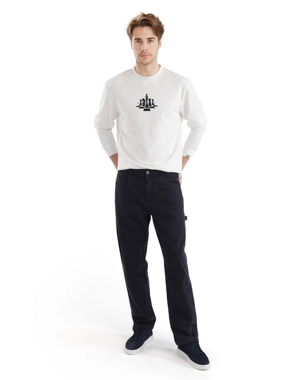 Rare Rabbit Men Marq Off White Cotton Polyester Fabric Full Sleeve Crew Neck Regular Fit Printed Sweatshirt