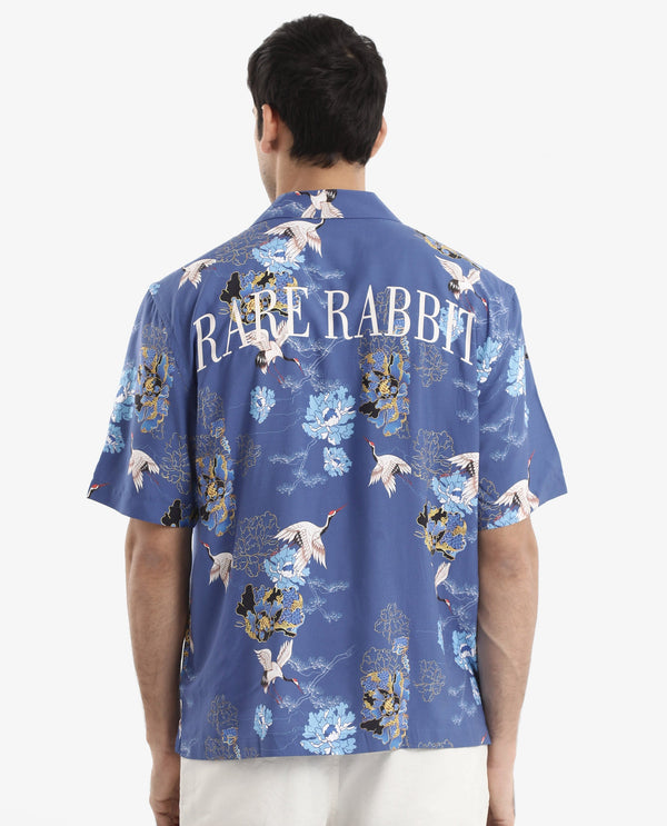 Rare Rabbit Men's Marque Blue Viscose Fabric Short Sleeve Cuban Collar Boxy Fit Floral Print Shirt