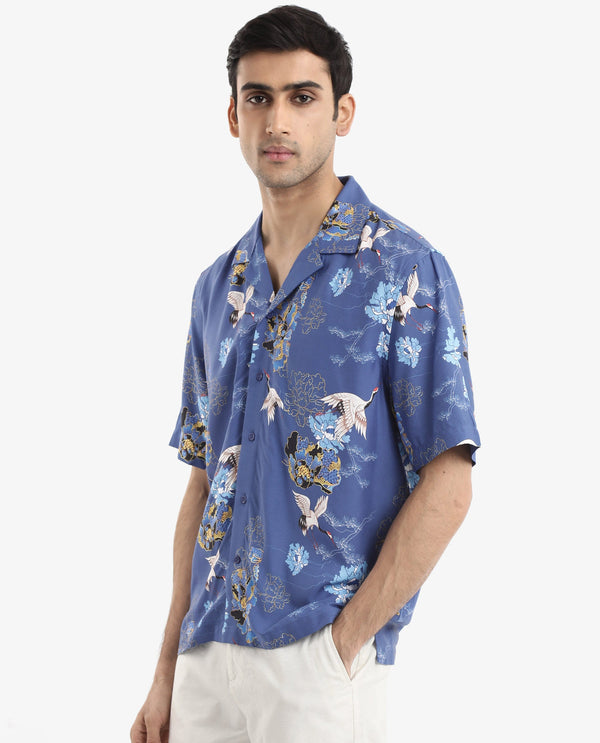 Rare Rabbit Men's Marque Blue Viscose Fabric Short Sleeve Cuban Collar Boxy Fit Floral Print Shirt