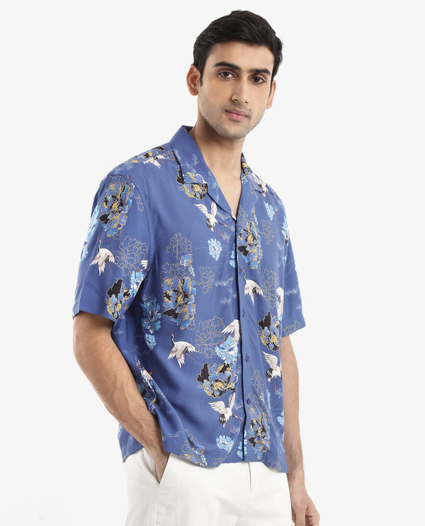 Rare Rabbit Men's Marque Blue Viscose Fabric Short Sleeve Cuban Collar Boxy Fit Floral Print Shirt