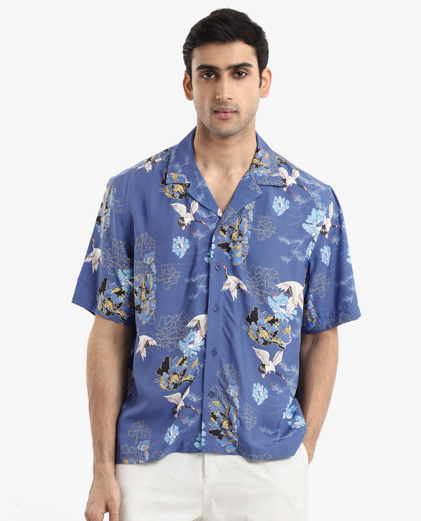 Rare Rabbit Men's Marque Blue Viscose Fabric Short Sleeve Cuban Collar Boxy Fit Floral Print Shirt