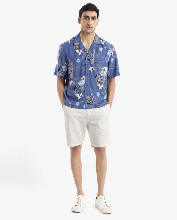 Rare Rabbit Men's Marque Blue Viscose Fabric Short Sleeve Cuban Collar Boxy Fit Floral Print Shirt