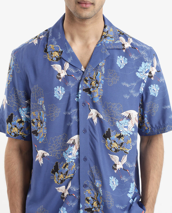 Rare Rabbit Men's Marque Blue Viscose Fabric Short Sleeve Cuban Collar Boxy Fit Floral Print Shirt