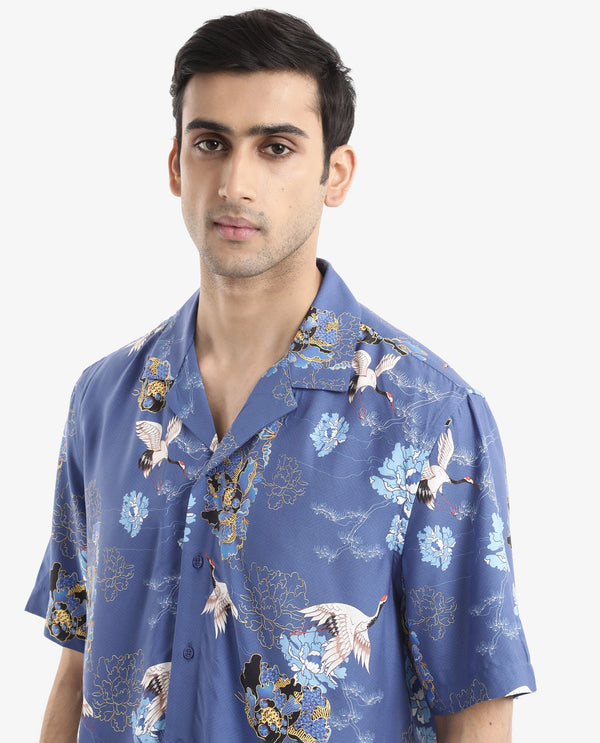 Rare Rabbit Men's Marque Blue Viscose Fabric Short Sleeve Cuban Collar Boxy Fit Floral Print Shirt