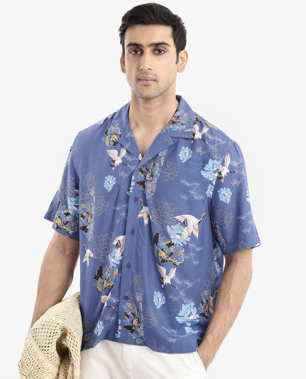 Rare Rabbit Men's Marque Blue Viscose Fabric Short Sleeve Cuban Collar Boxy Fit Floral Print Shirt