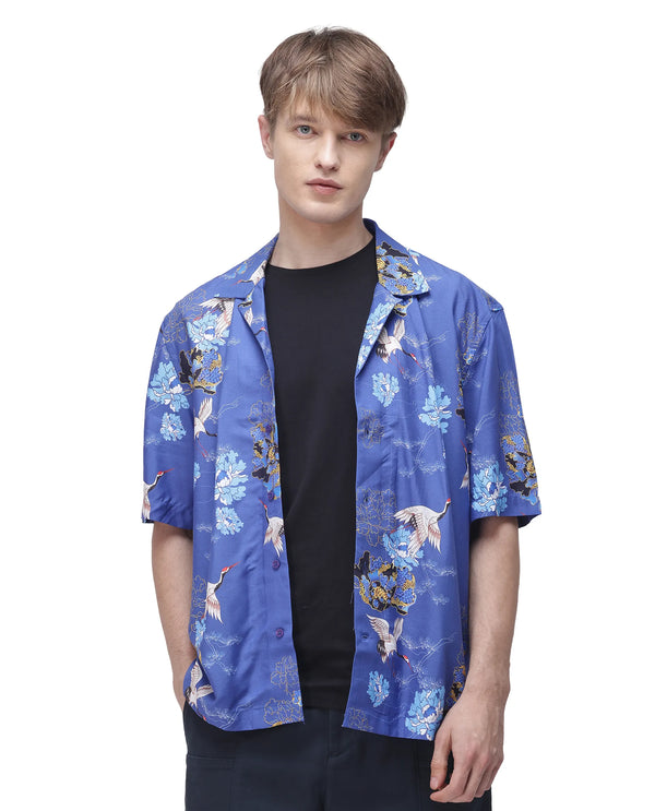 Rare Rabbit Men's Marque Blue Viscose Fabric Short Sleeve Cuban Collar Boxy Fit Floral Print Shirt