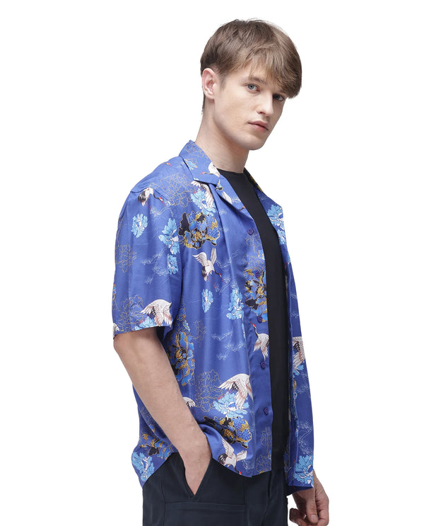 Rare Rabbit Men's Marque Blue Viscose Fabric Short Sleeve Cuban Collar Boxy Fit Floral Print Shirt