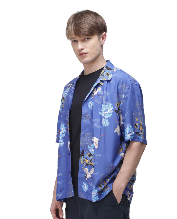 Rare Rabbit Men's Marque Blue Viscose Fabric Short Sleeve Cuban Collar Boxy Fit Floral Print Shirt